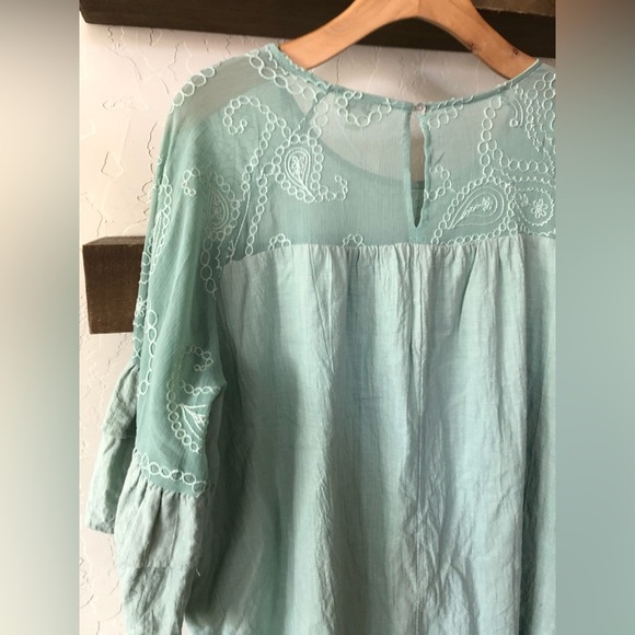 Umgee|Boho mint lace embroidered dress (or tunic top) with tiered ruffle sleeve• - Picture 7 of 13